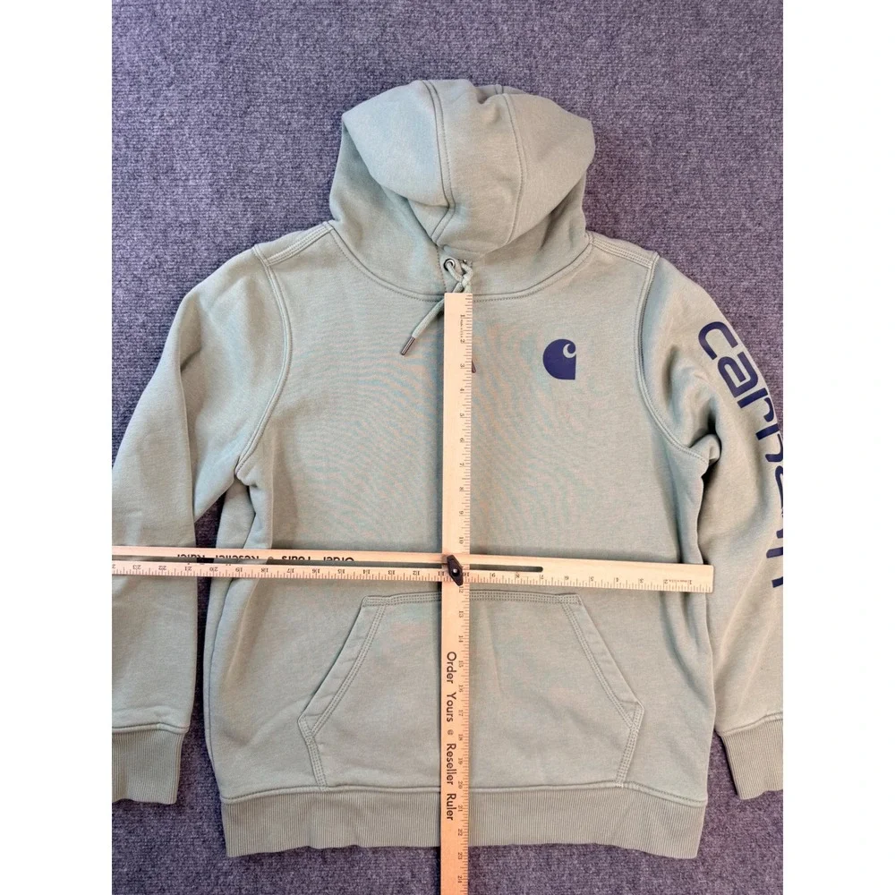 Carhartt‎ Hoodie Large L 12-14 Green Cotton Relaxed Fit Graphic Sleeve Pullover